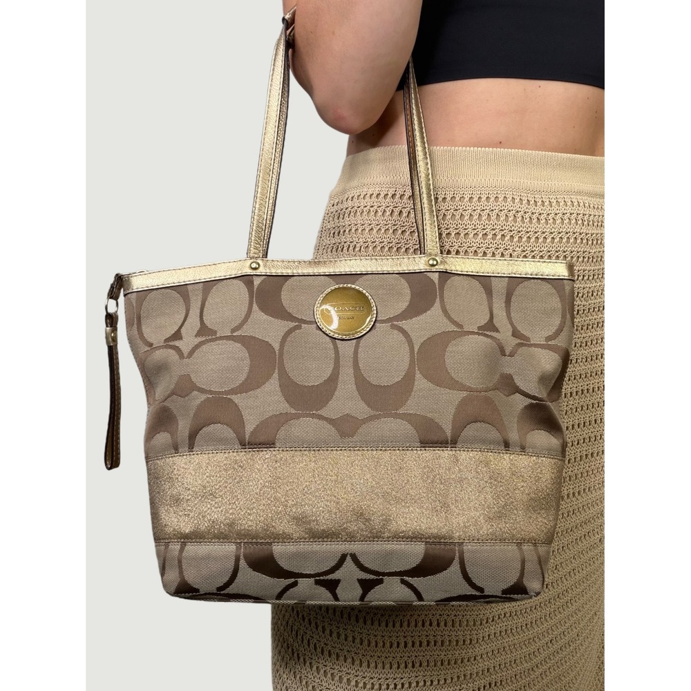 Coach Signature Stripe Tote Khaki‎ Brown Metallic Gold Leather F15112 Medium Bag